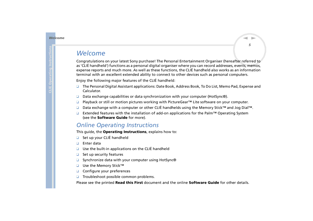 Sony PEG-N770C/E manual Welcome, Online Operating Instructions 