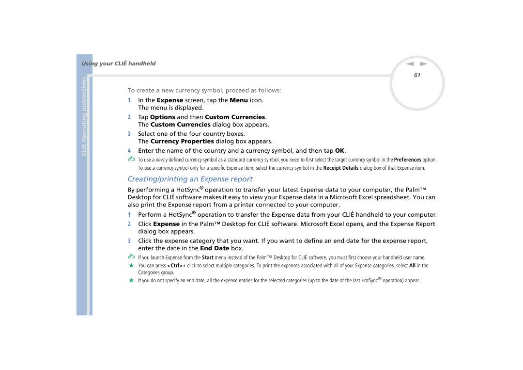 Sony PEG-N770C/E manual Creating/printing an Expense report, To create a new currency symbol, proceed as follows 