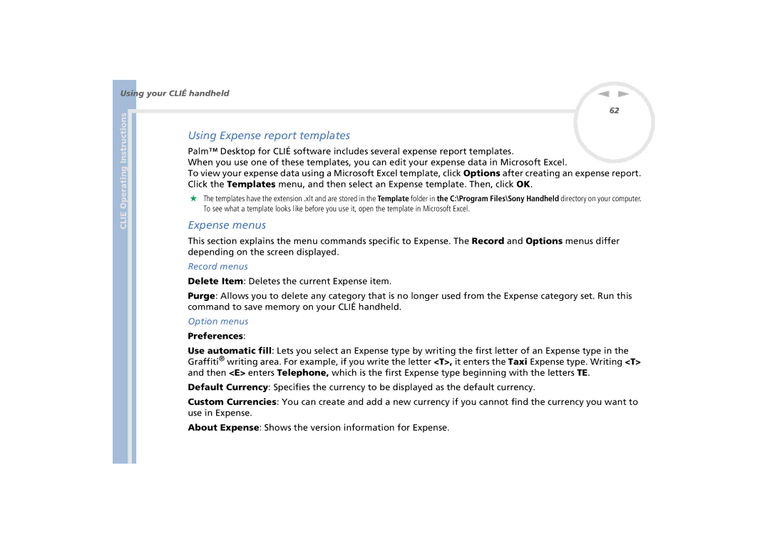 Sony PEG-N770C/E Using Expense report templates, Expense menus, Delete Item Deletes the current Expense item, Preferences 