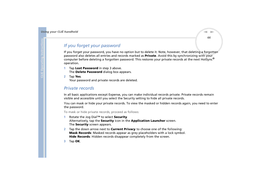 Sony PEG-N770C/E manual If you forget your password, Private records, Operation Tap Lost Password in above 