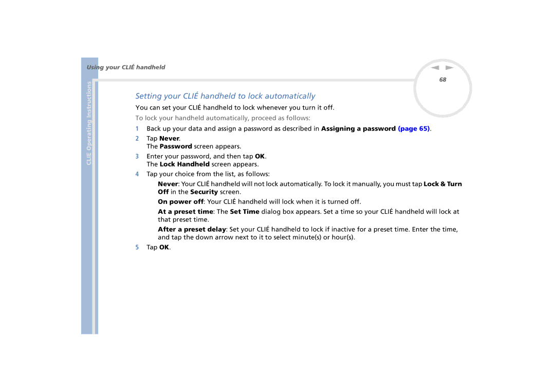 Sony PEG-N770C/E Setting your Clié handheld to lock automatically, To lock your handheld automatically, proceed as follows 