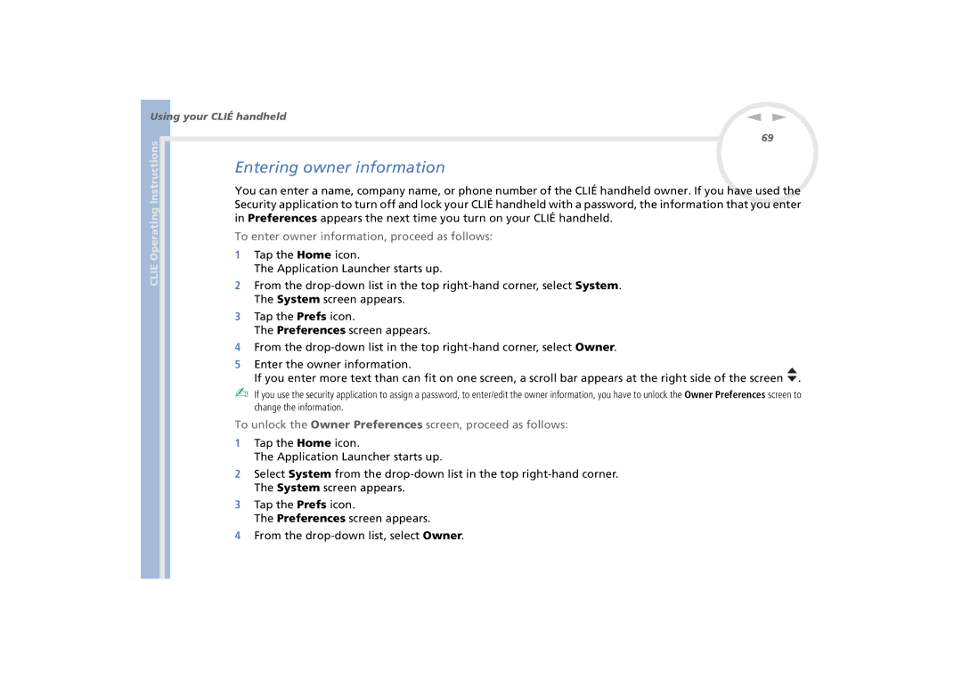 Sony PEG-N770C/E manual Entering owner information, To enter owner information, proceed as follows 