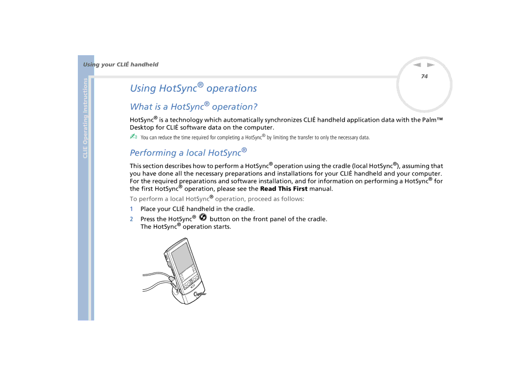 Sony PEG-N770C/E manual Using HotSync operations, What is a HotSync operation?, Performing a local HotSync 