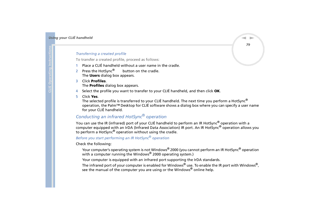 Sony PEG-N770C/E manual Conducting an infrared HotSync operation, Transferring a created profile 