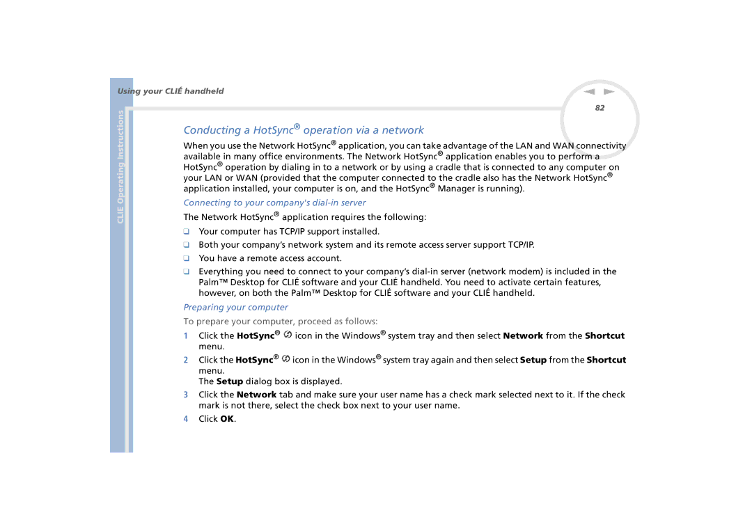 Sony PEG-N770C/E manual Conducting a HotSync operation via a network, Connecting to your companys dial-in server 