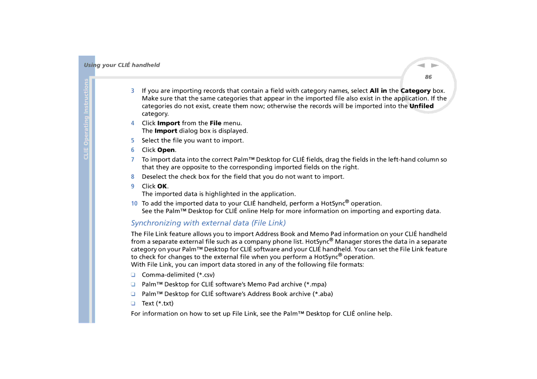 Sony PEG-N770C/E manual Synchronizing with external data File Link 