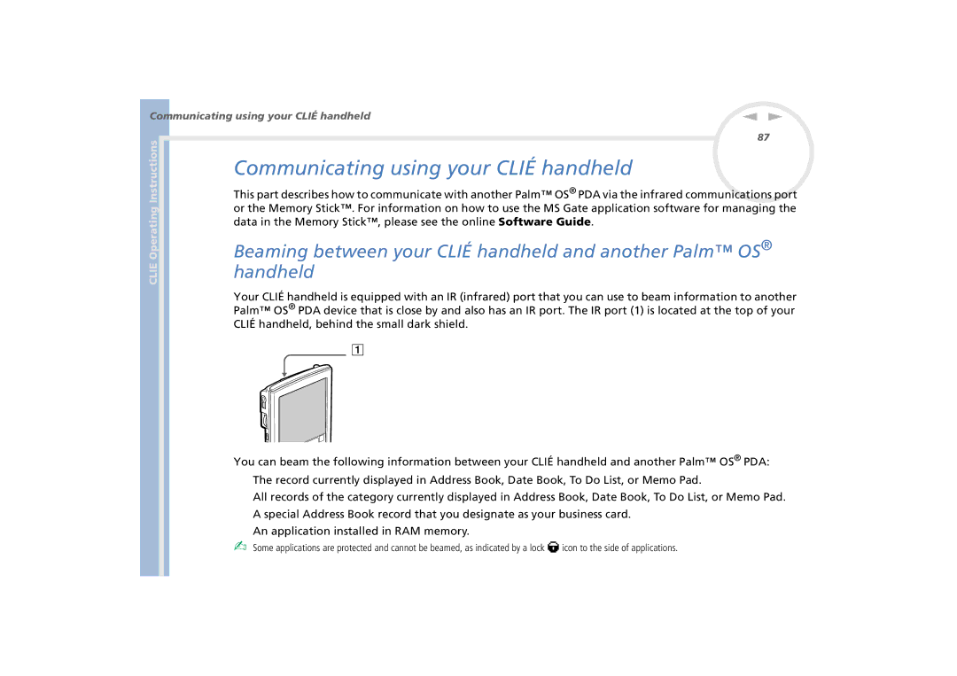 Sony PEG-N770C/E Communicating using your Clié handheld, Beaming between your Clié handheld and another Palm OS, Handheld 