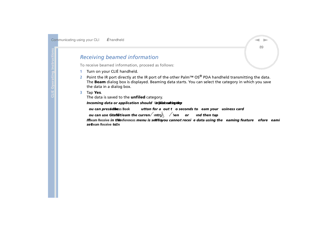 Sony PEG-N770C/E manual Receiving beamed information, To receive beamed information, proceed as follows 