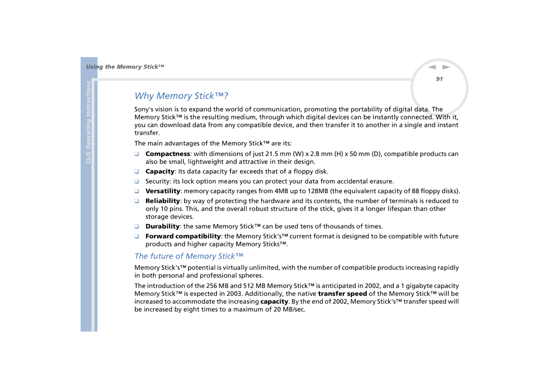 Sony PEG-N770C/E manual Why Memory Stick?, Future of Memory Stick, Transfer Main advantages of the Memory Stick are its 