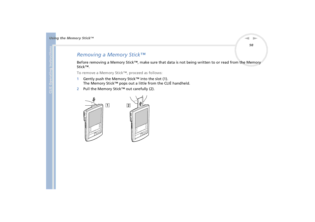 Sony PEG-N770C/E manual Removing a Memory Stick, Stick Memory Stick pops out a little from the Clié handheld 