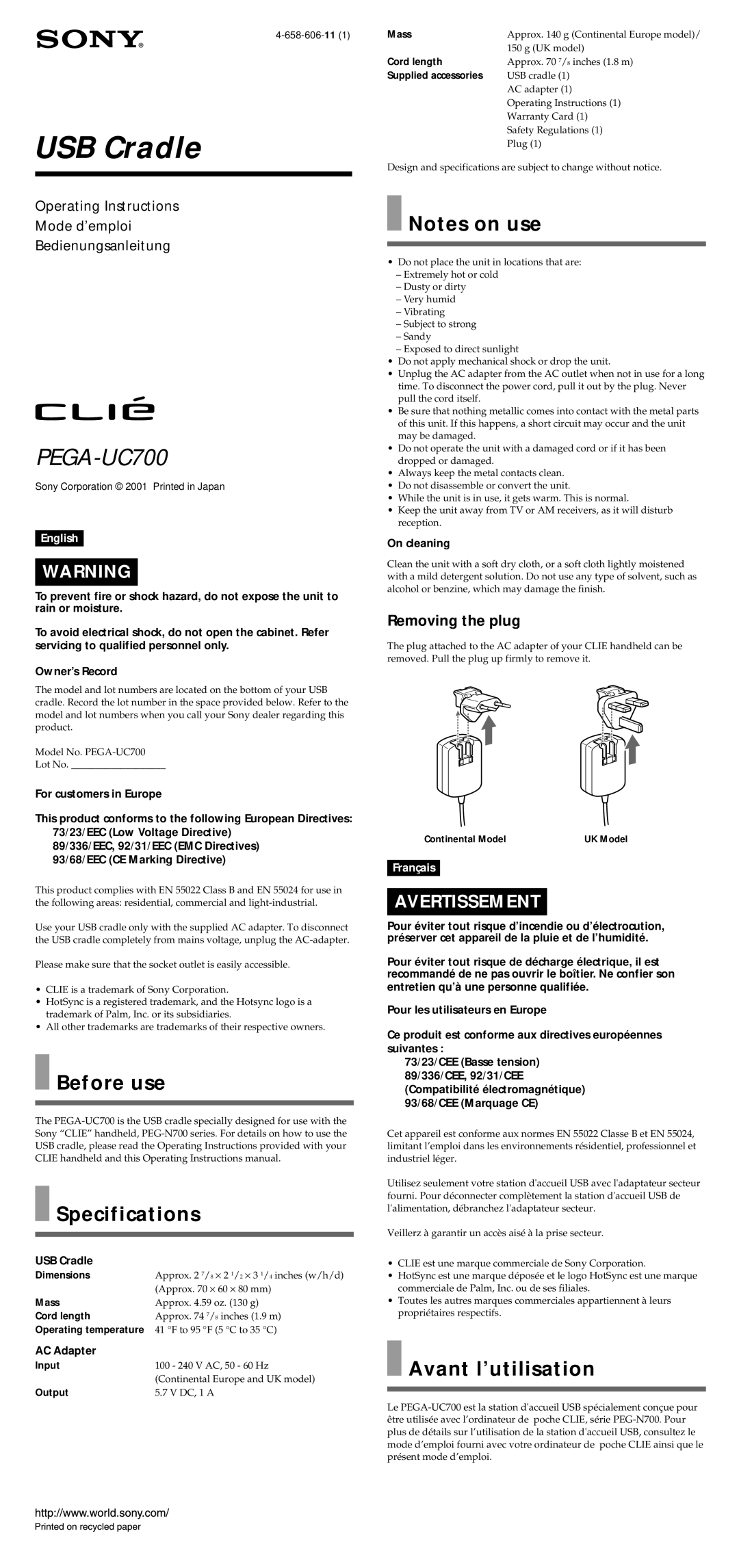 Sony PEGA-UC700 operating instructions Before use, Specifications, Avant l’utilisation, Removing the plug 