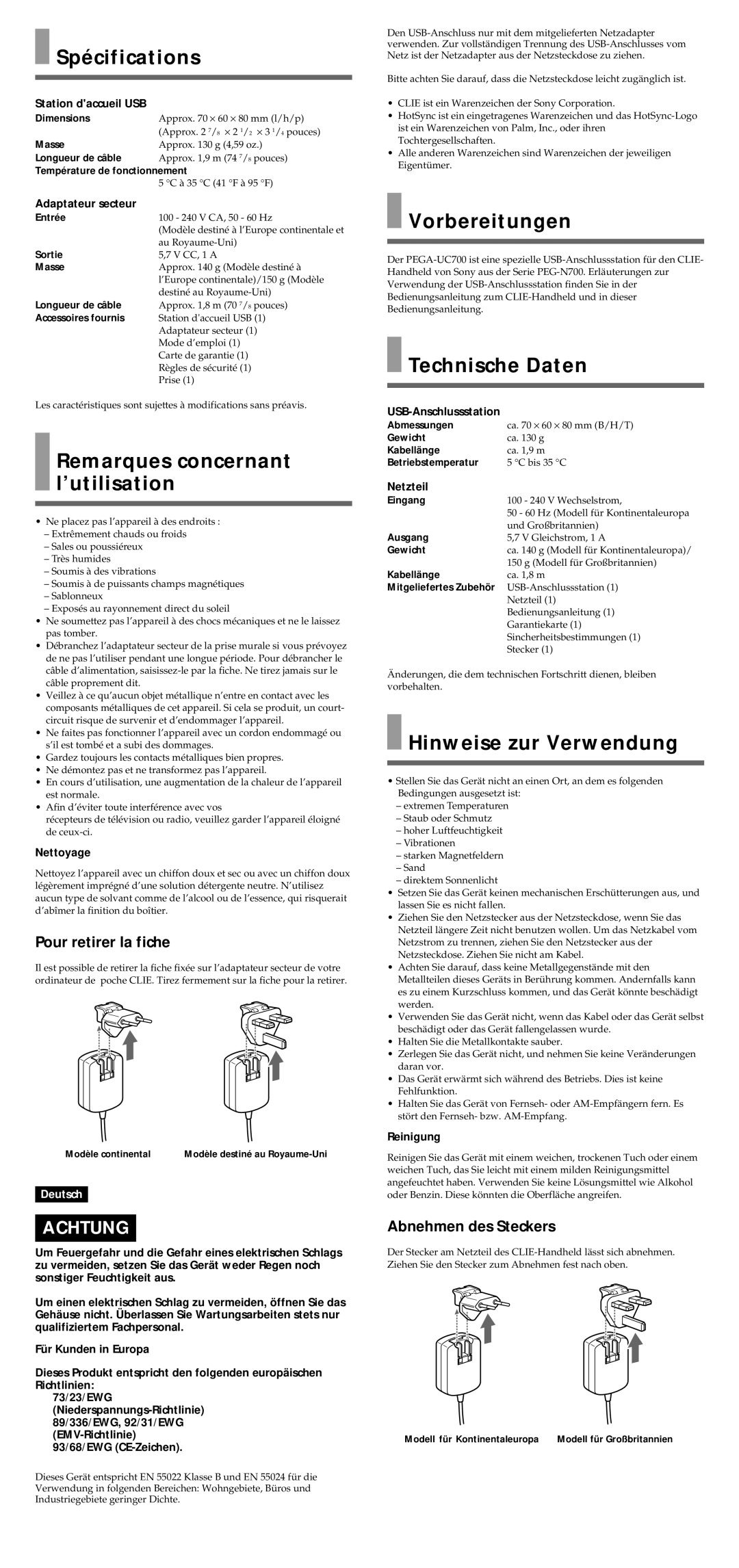 Sony PEGA-UC700 operating instructions Spécifications, Remarques concernant l’utilisation, Vorbereitungen, Technische Daten 