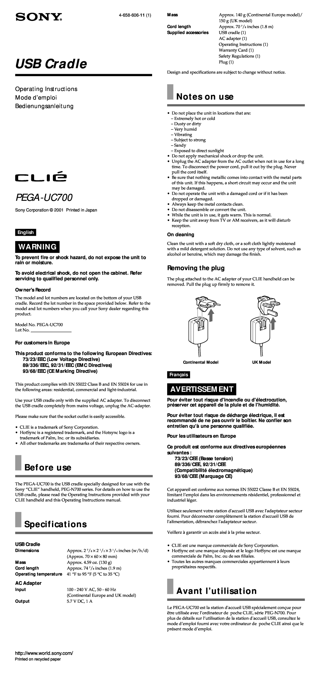 Sony PEGA-UC700 operating instructions Before use, Specifications, Notes on use, Avant l’utilisation, Avertissement 