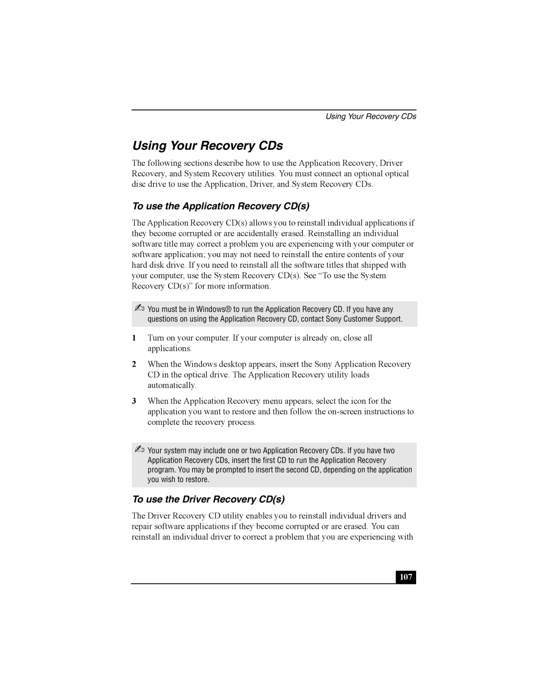 Sony Personal Computer Using Your Recovery CDs, To use the Application Recovery CDs, To use the Driver Recovery CDs, 107 