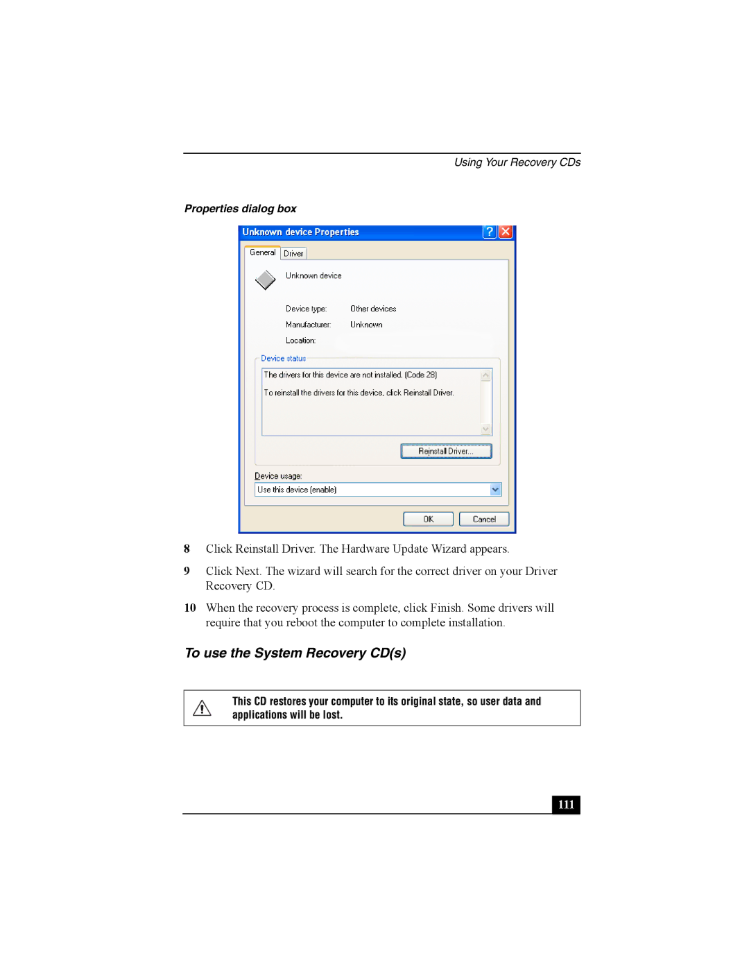 Sony Personal Computer manual To use the System Recovery CDs, 111 