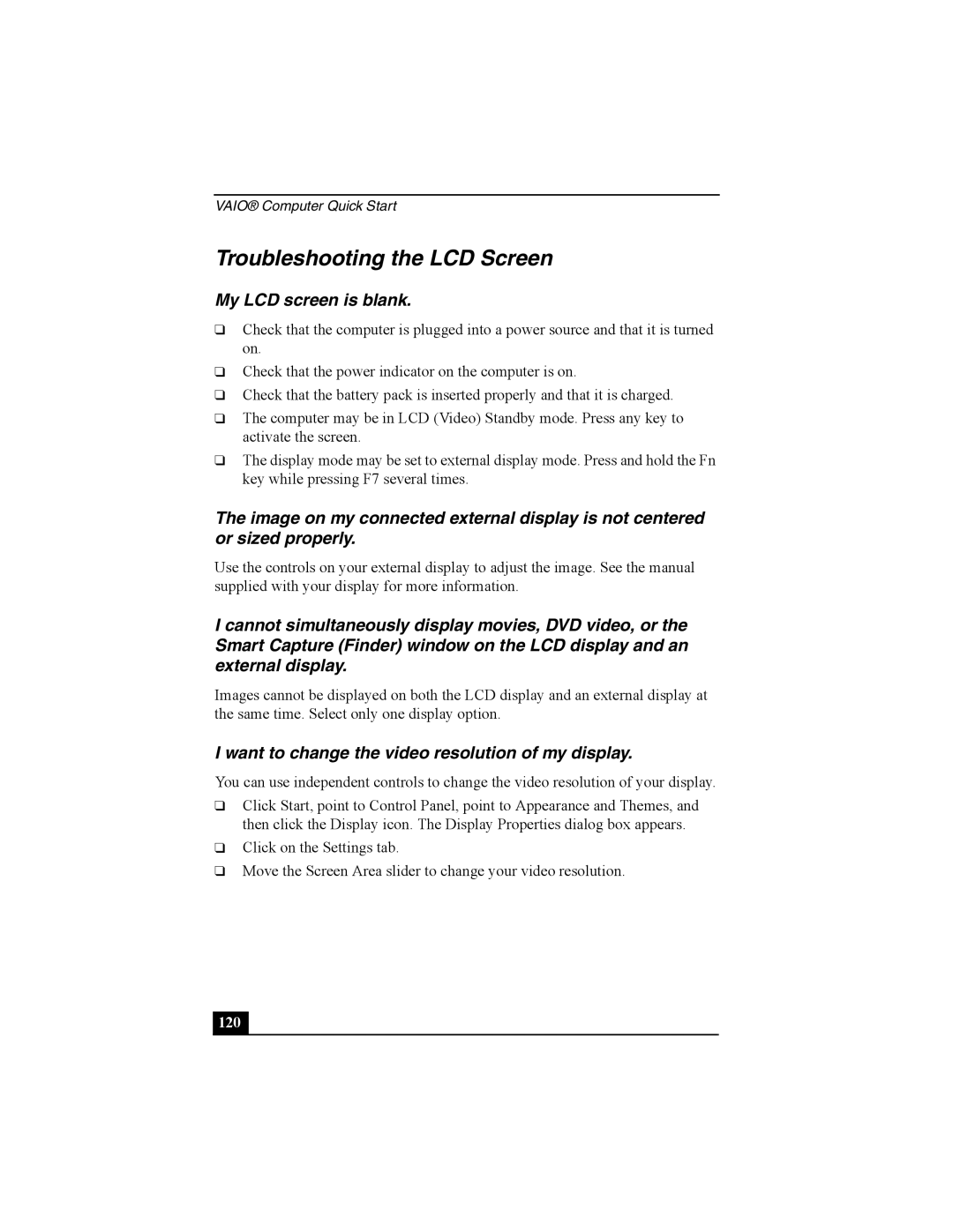 Sony Personal Computer manual Troubleshooting the LCD Screen, My LCD screen is blank, 120 