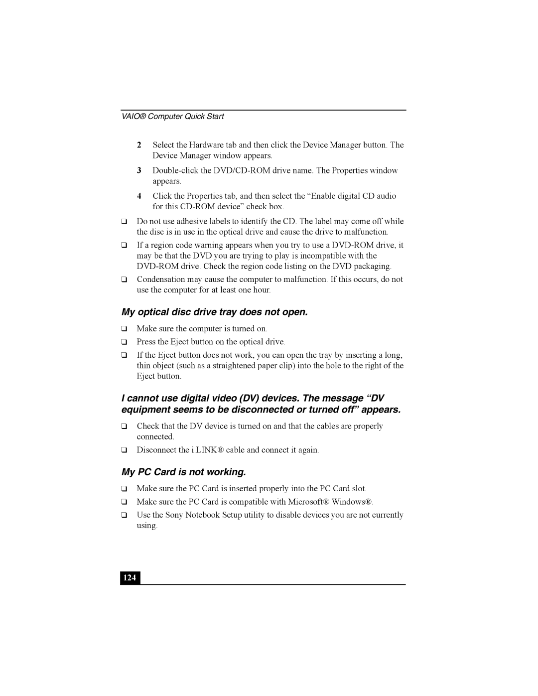 Sony Personal Computer manual My optical disc drive tray does not open, My PC Card is not working, 124 