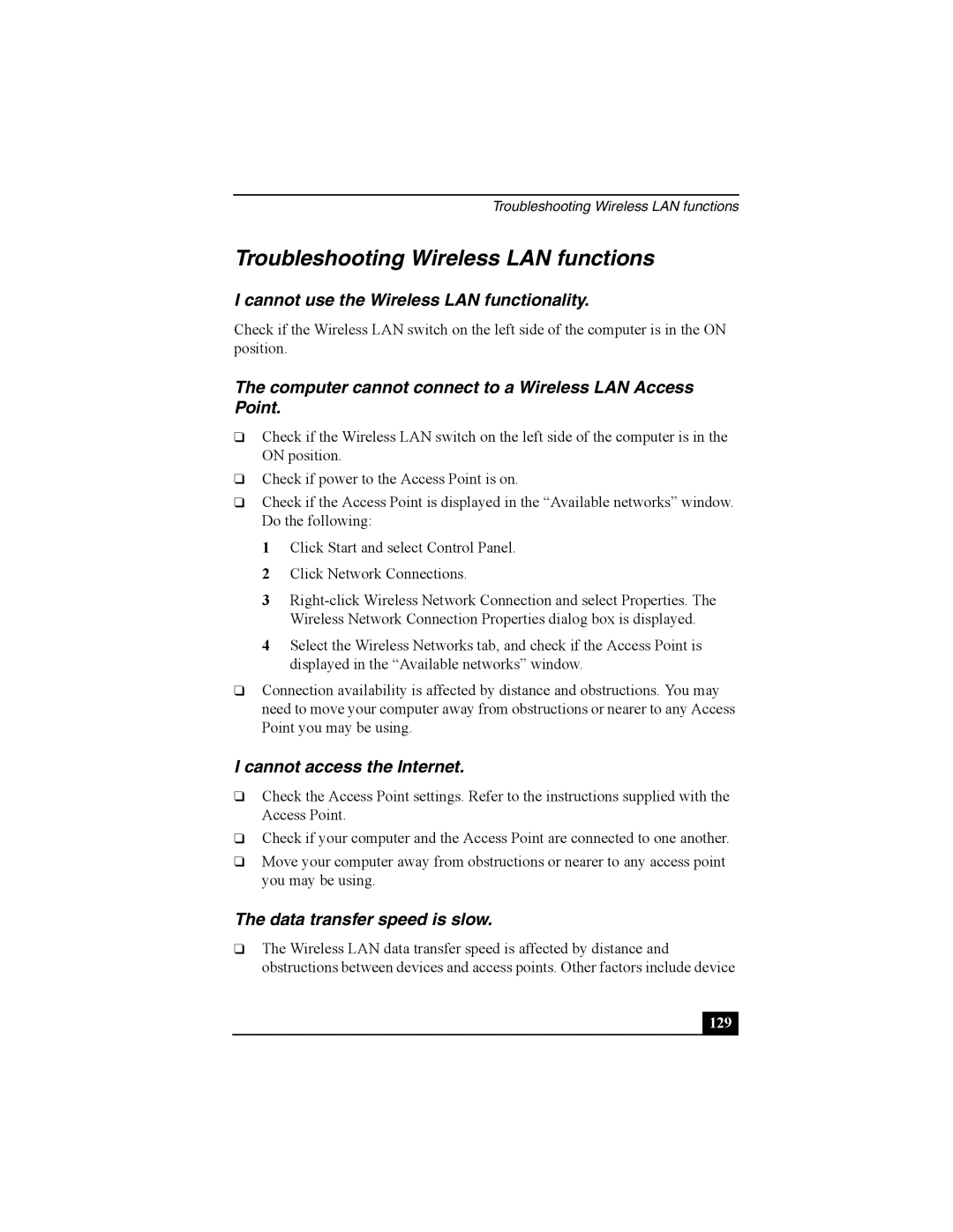 Sony Personal Computer manual Troubleshooting Wireless LAN functions, Cannot use the Wireless LAN functionality 