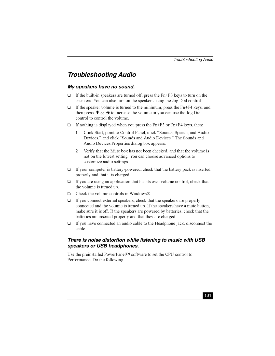 Sony Personal Computer manual Troubleshooting Audio, My speakers have no sound, 131 