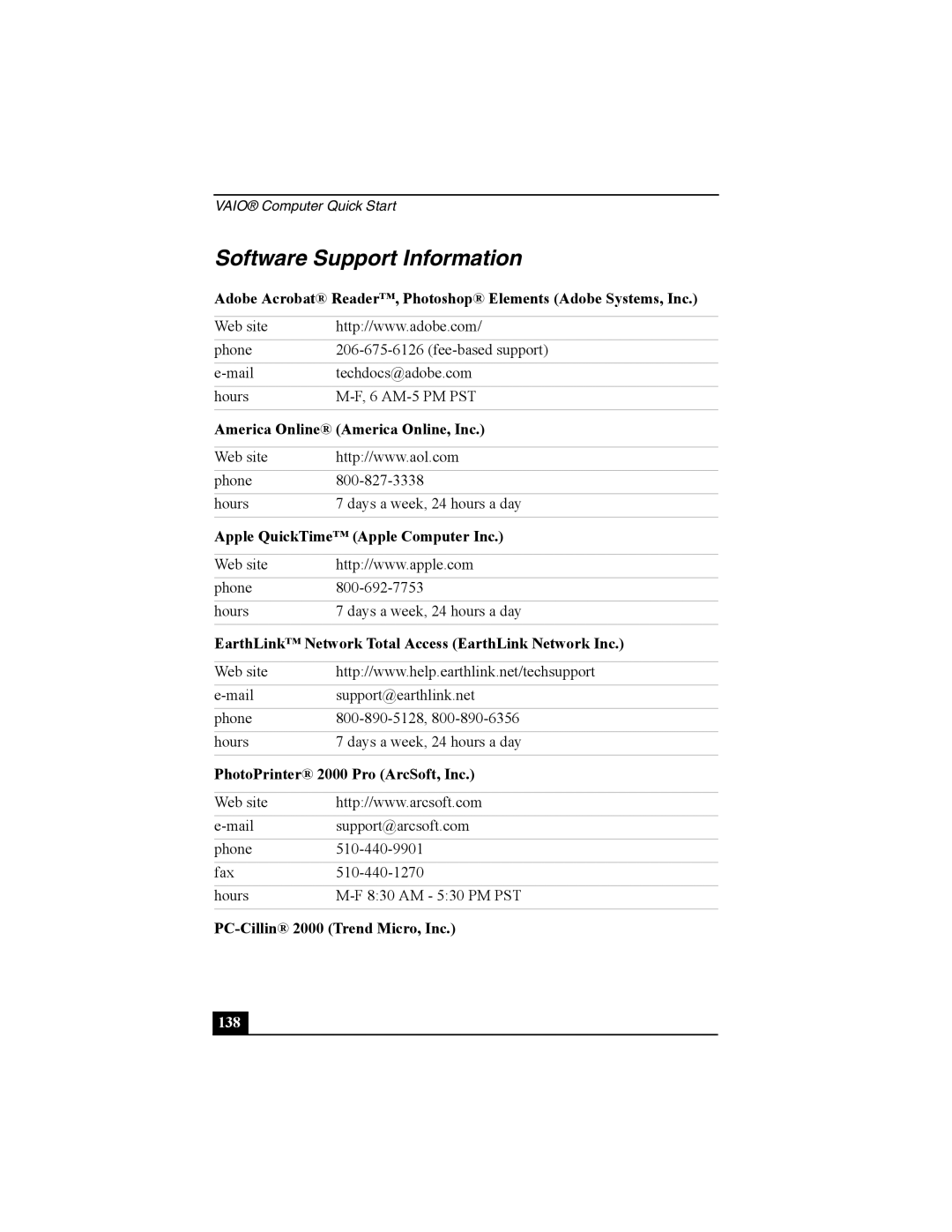 Sony Personal Computer manual Software Support Information, 138 