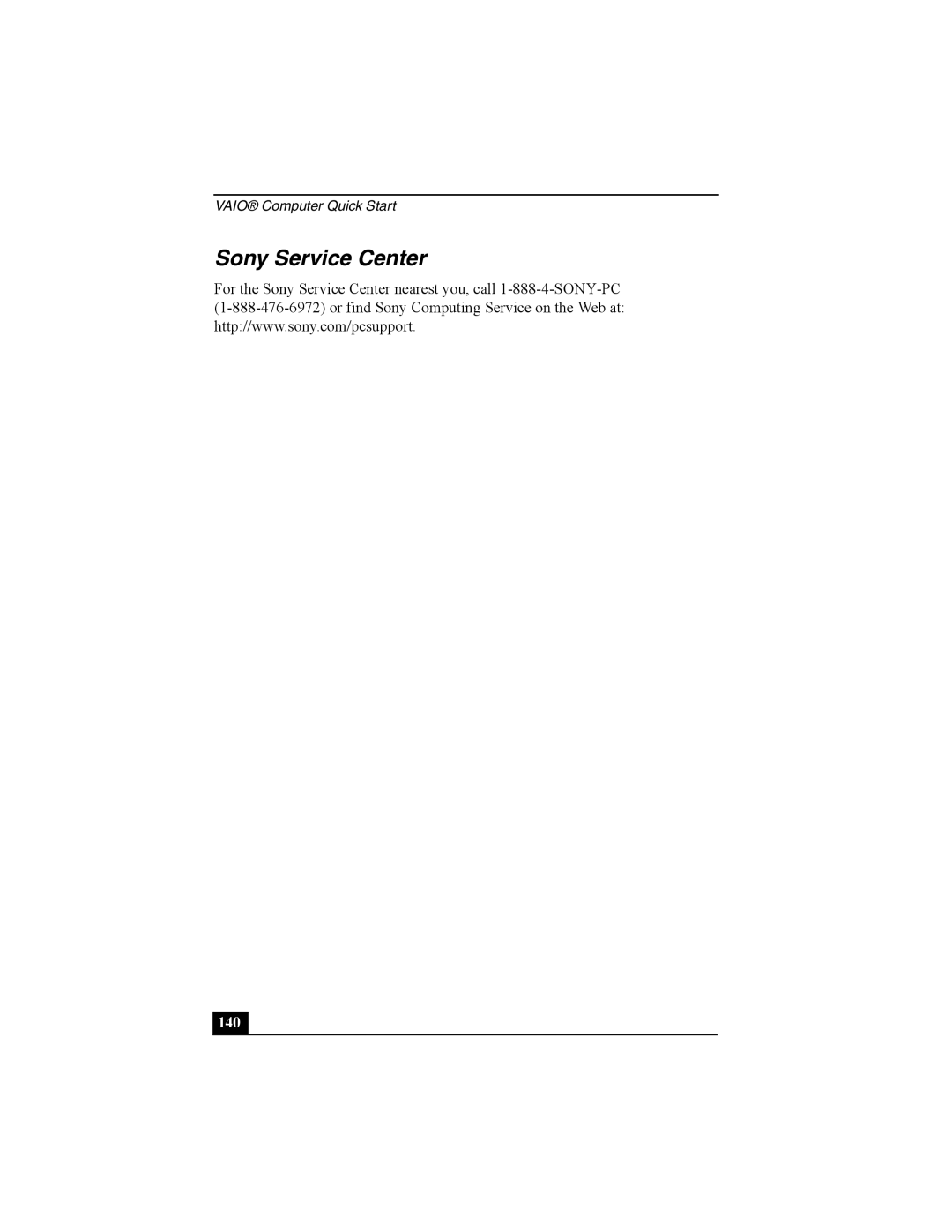 Sony Personal Computer manual Sony Service Center, 140 