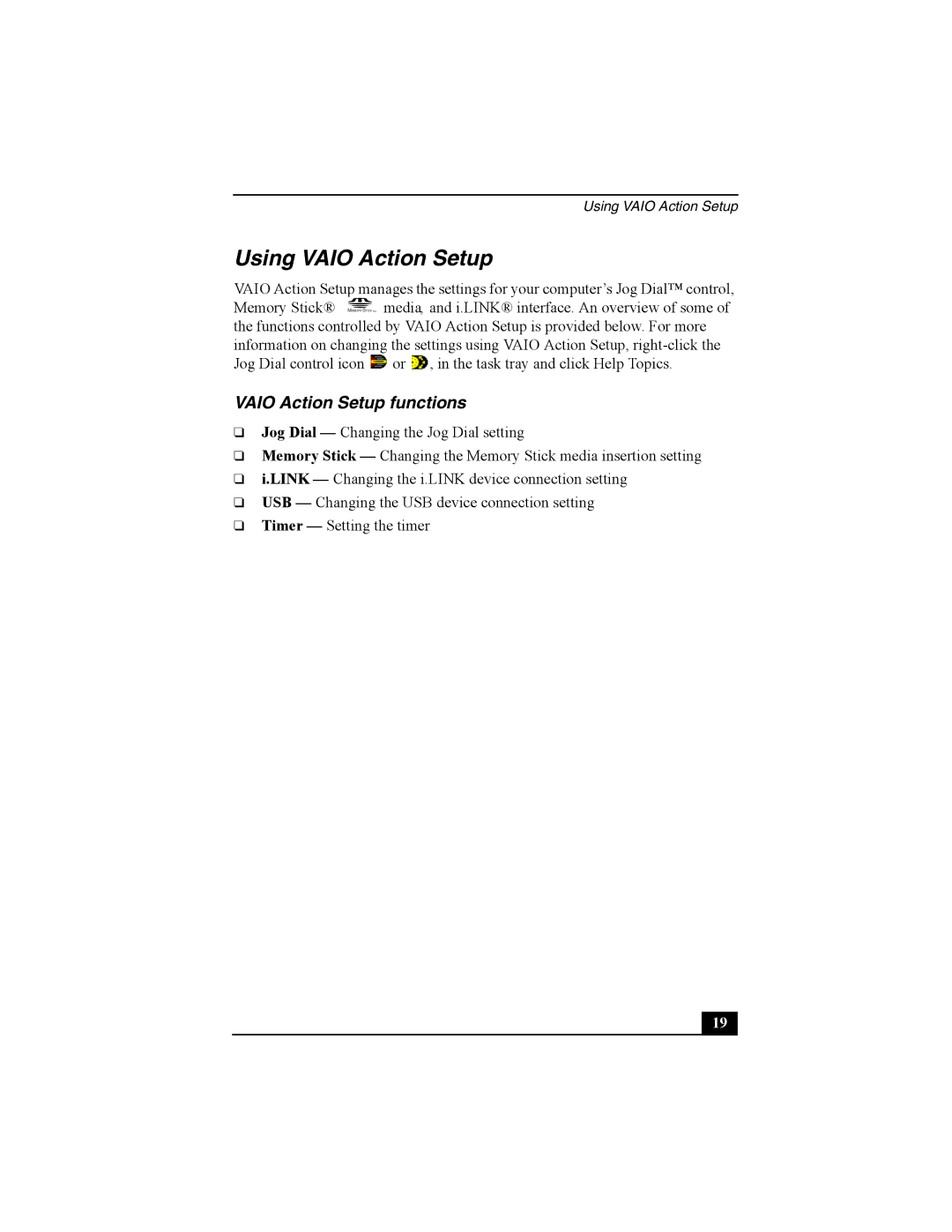 Sony Personal Computer manual Using Vaio Action Setup, Vaio Action Setup functions 