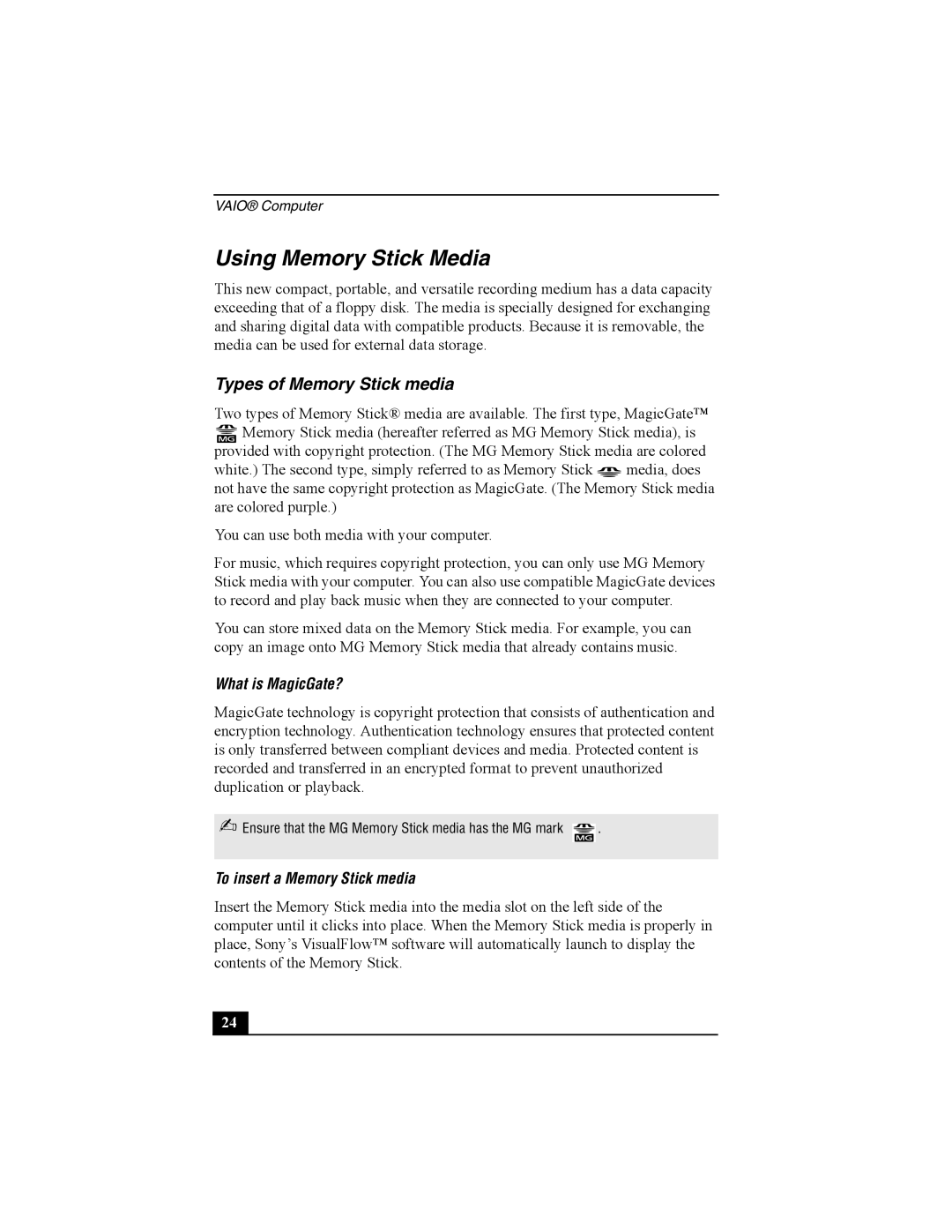 Sony Personal Computer manual Using Memory Stick Media, Types of Memory Stick media, What is MagicGate? 