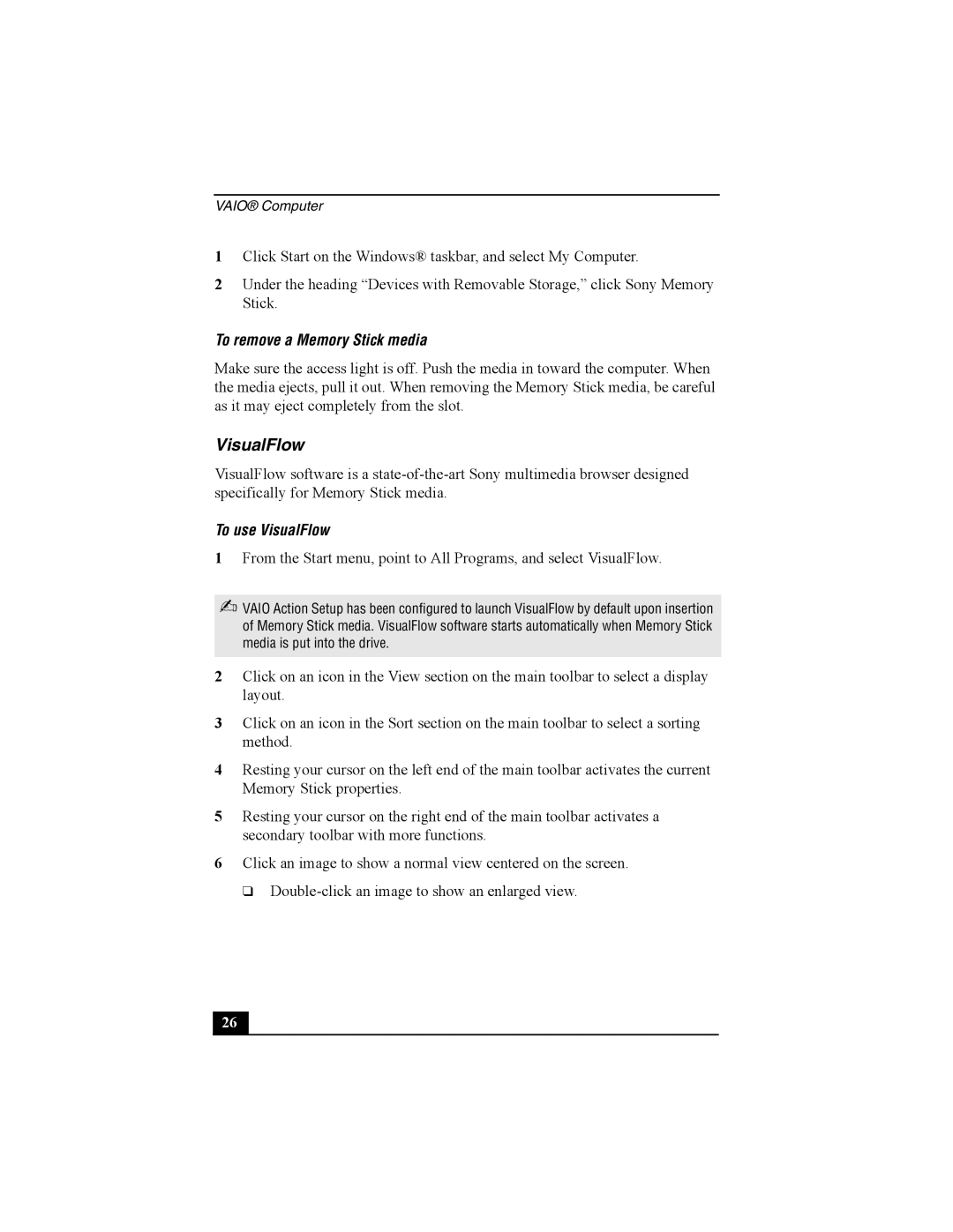 Sony Personal Computer manual To remove a Memory Stick media, To use VisualFlow 