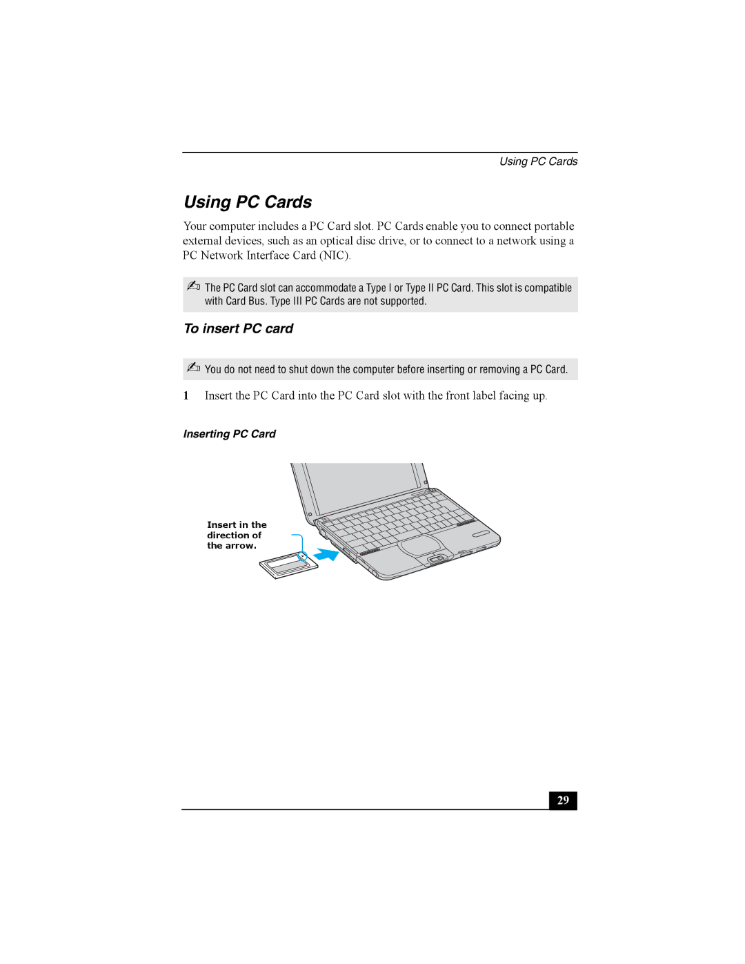 Sony Personal Computer manual Using PC Cards, To insert PC card 