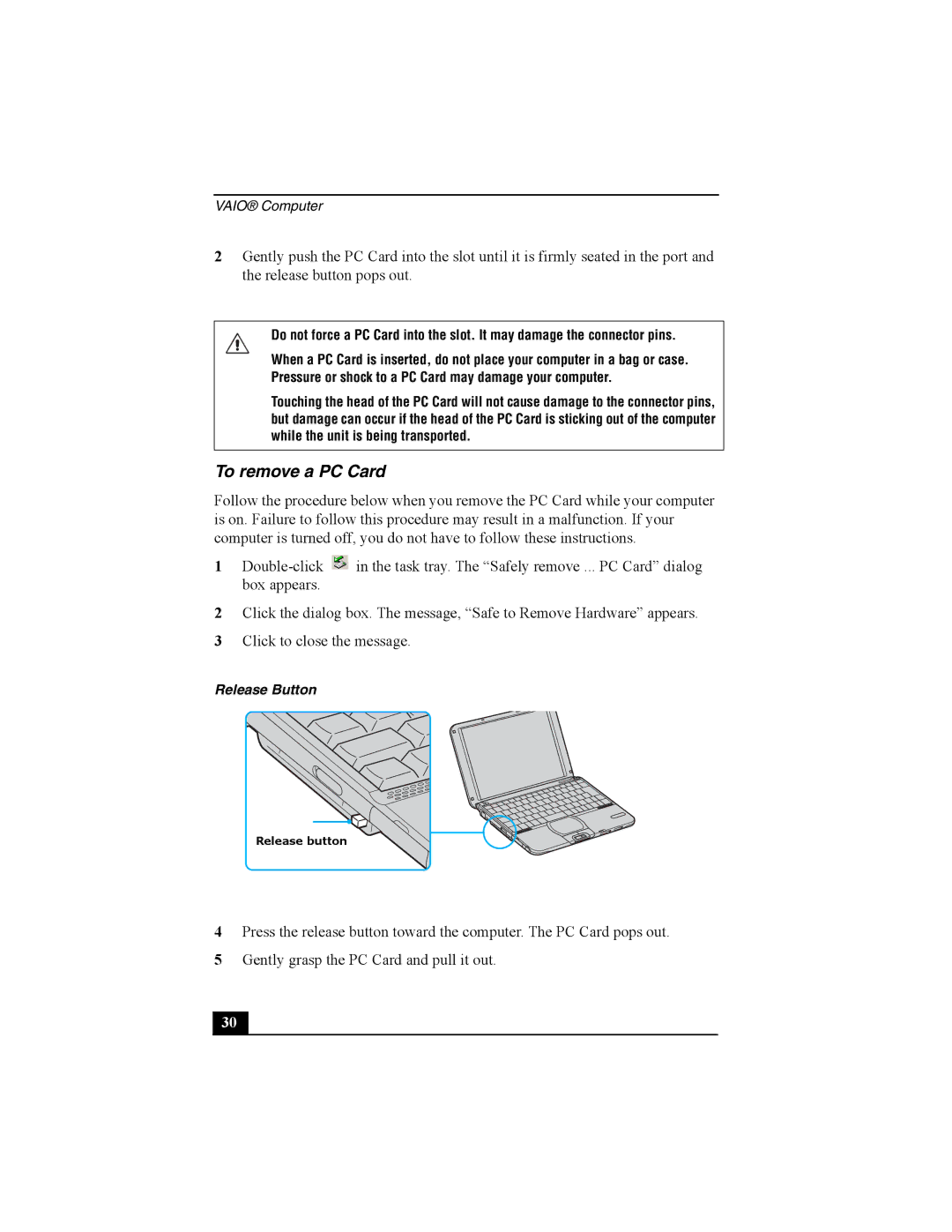 Sony Personal Computer manual To remove a PC Card 