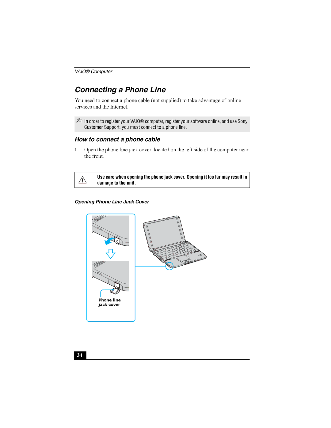 Sony Personal Computer manual Connecting a Phone Line, How to connect a phone cable 