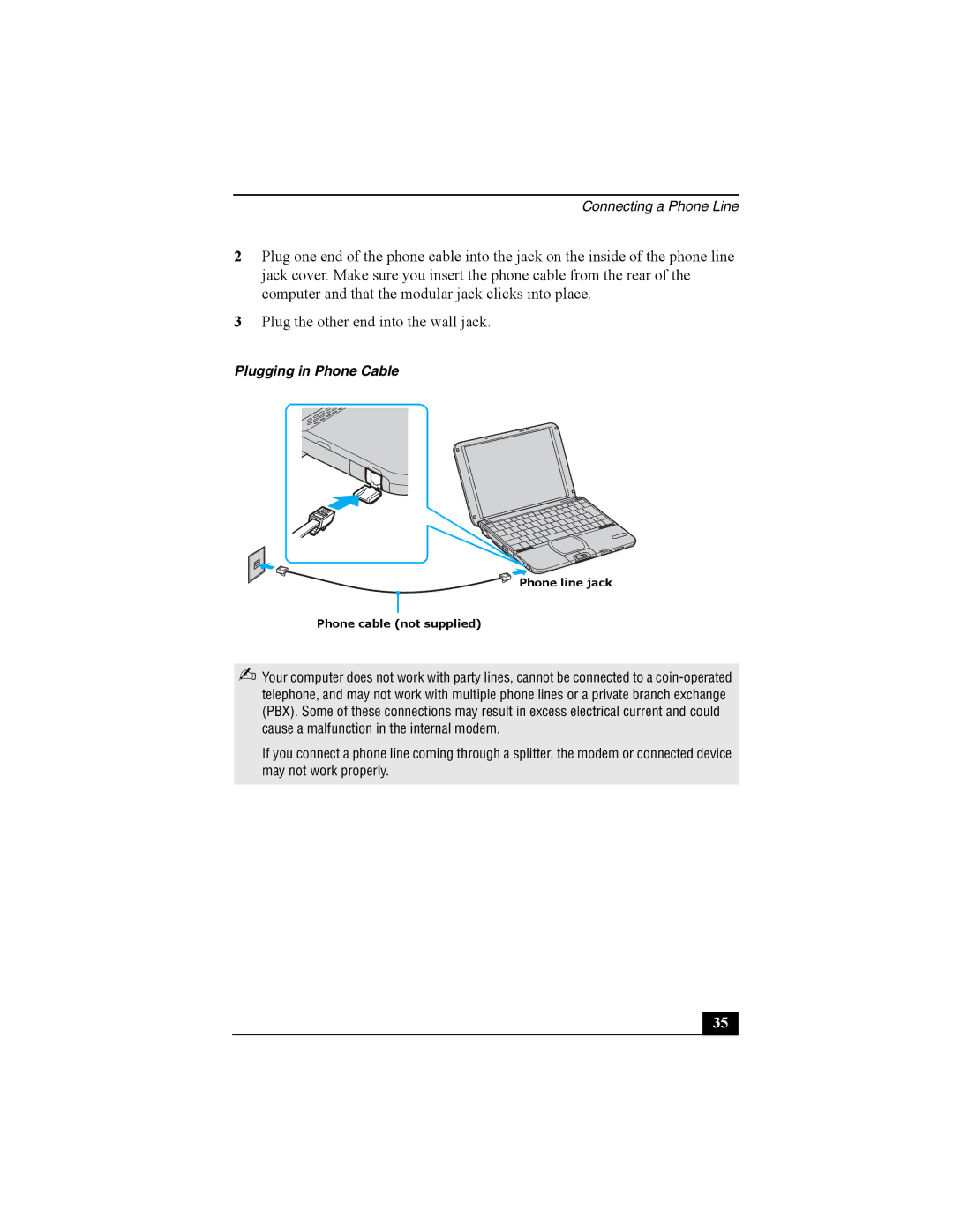 Sony Personal Computer manual Plugging in Phone Cable 