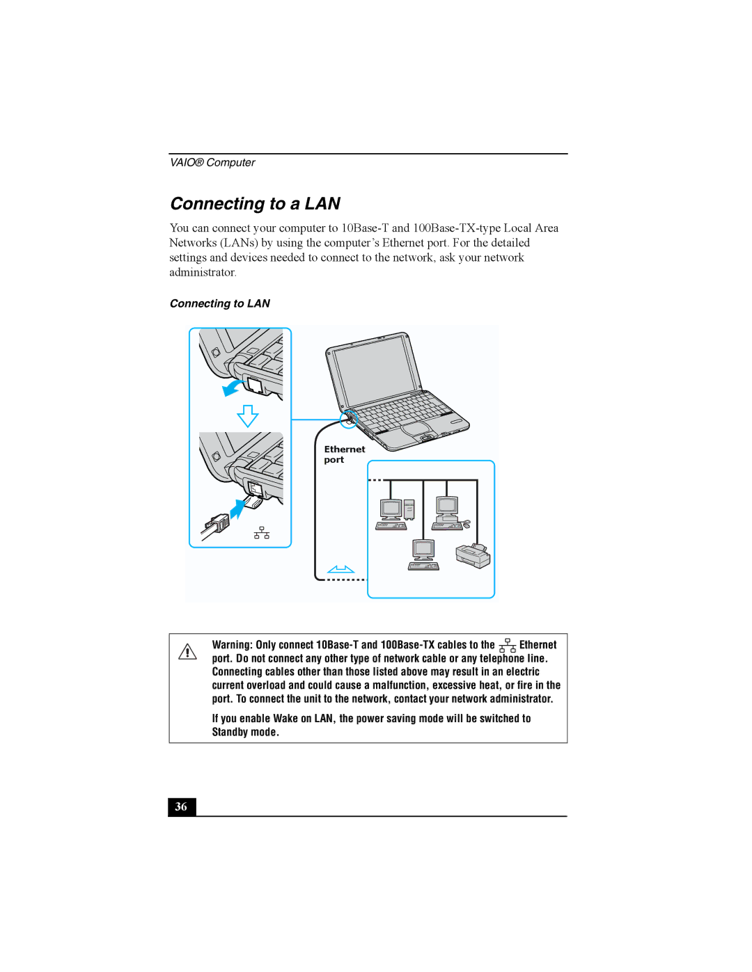 Sony Personal Computer manual Connecting to a LAN, Connecting to LAN 