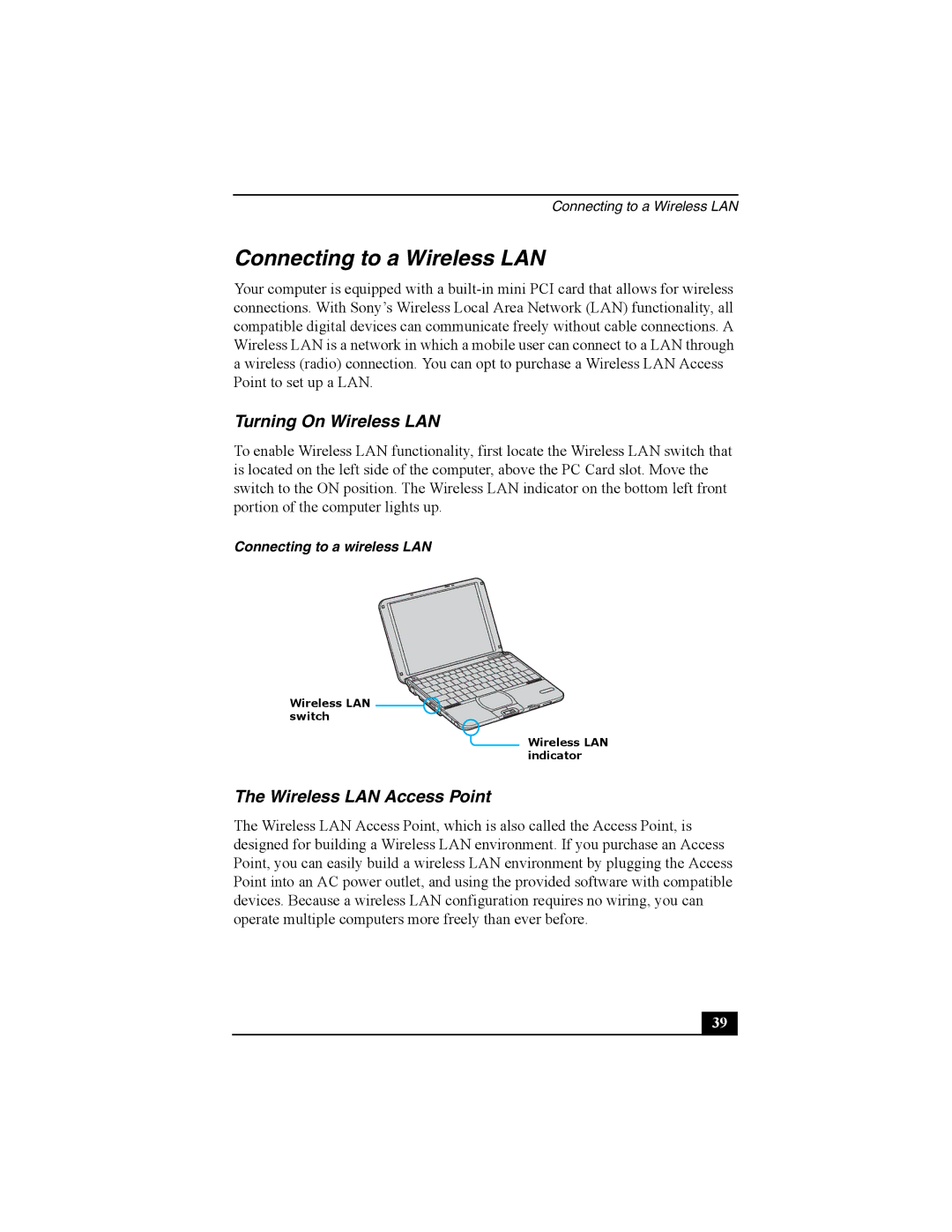 Sony Personal Computer manual Connecting to a Wireless LAN, Turning On Wireless LAN, Wireless LAN Access Point 