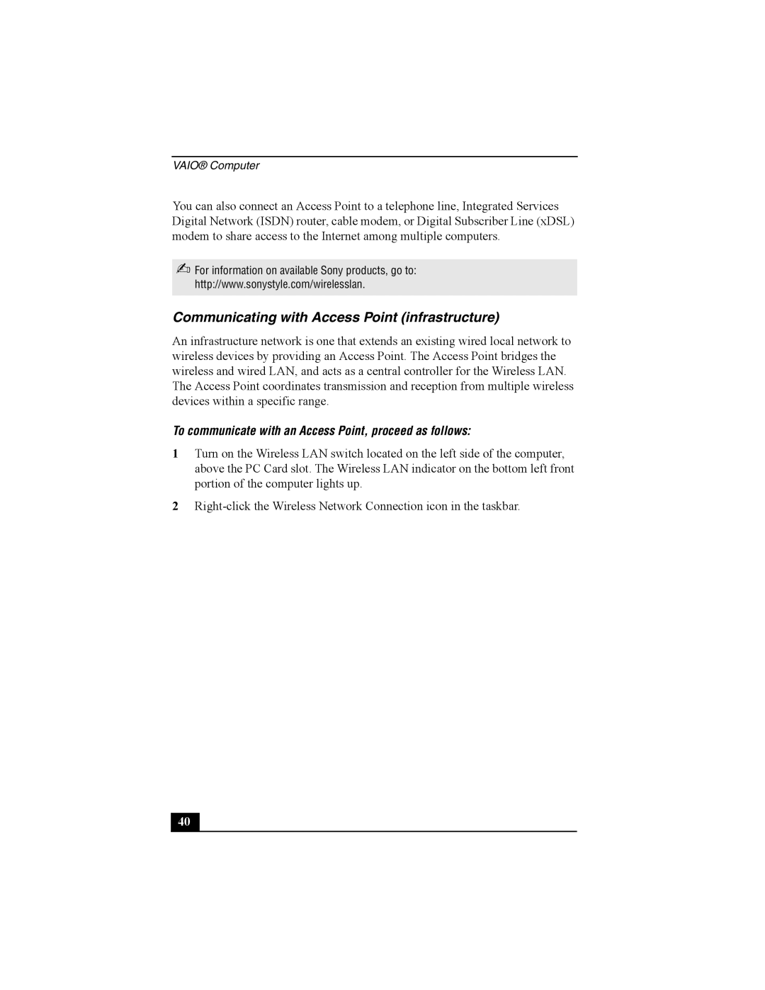 Sony Personal Computer manual Communicating with Access Point infrastructure 