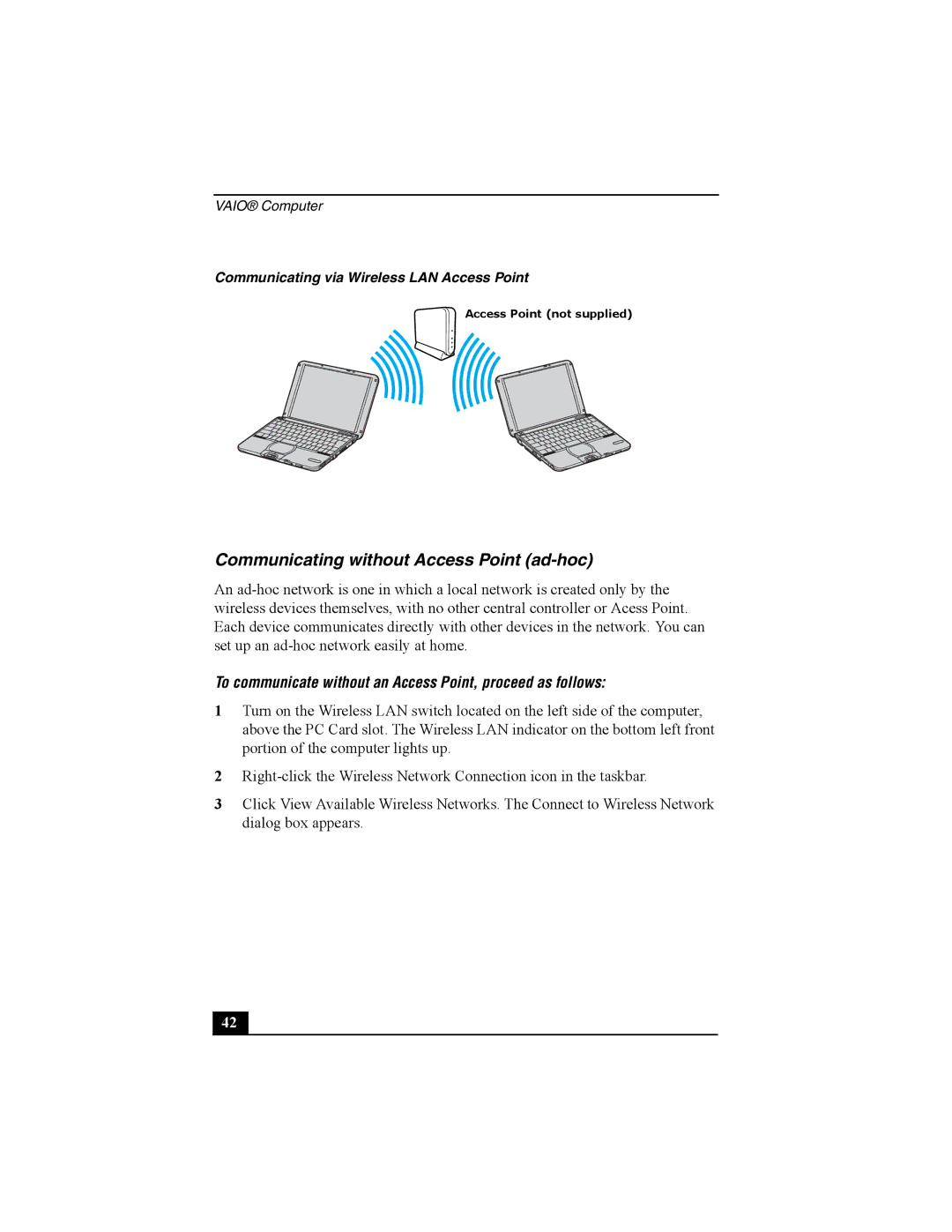 Sony Personal Computer manual Communicating without Access Point ad-hoc 