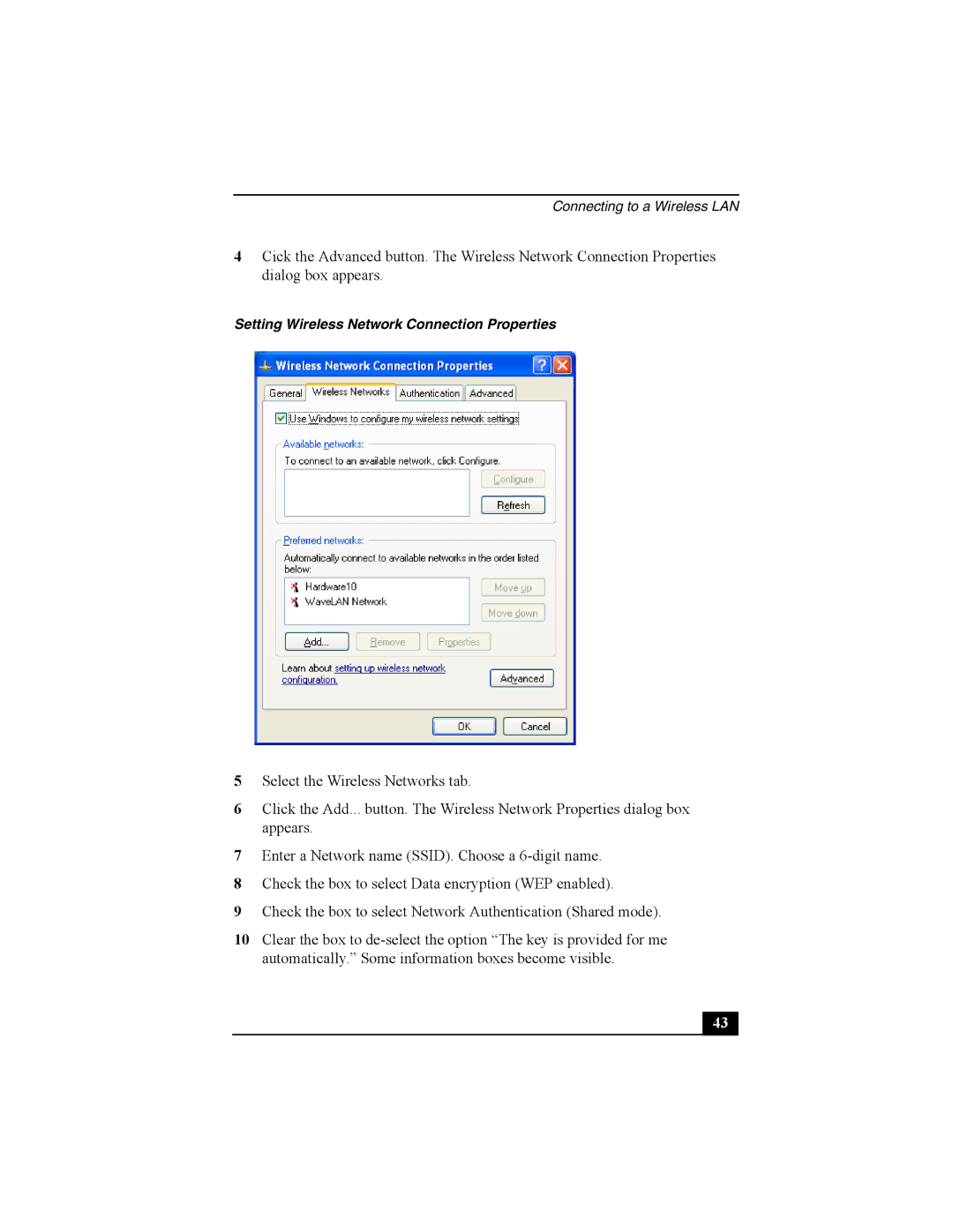 Sony Personal Computer manual Setting Wireless Network Connection Properties 