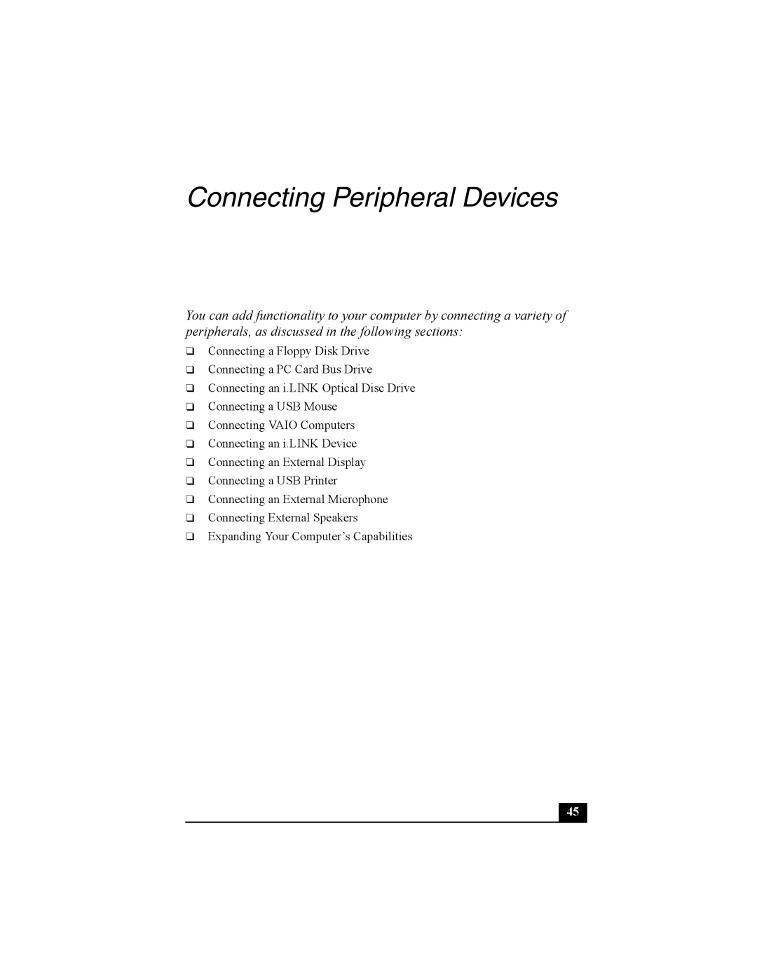 Sony Personal Computer manual Connecting Peripheral Devices 