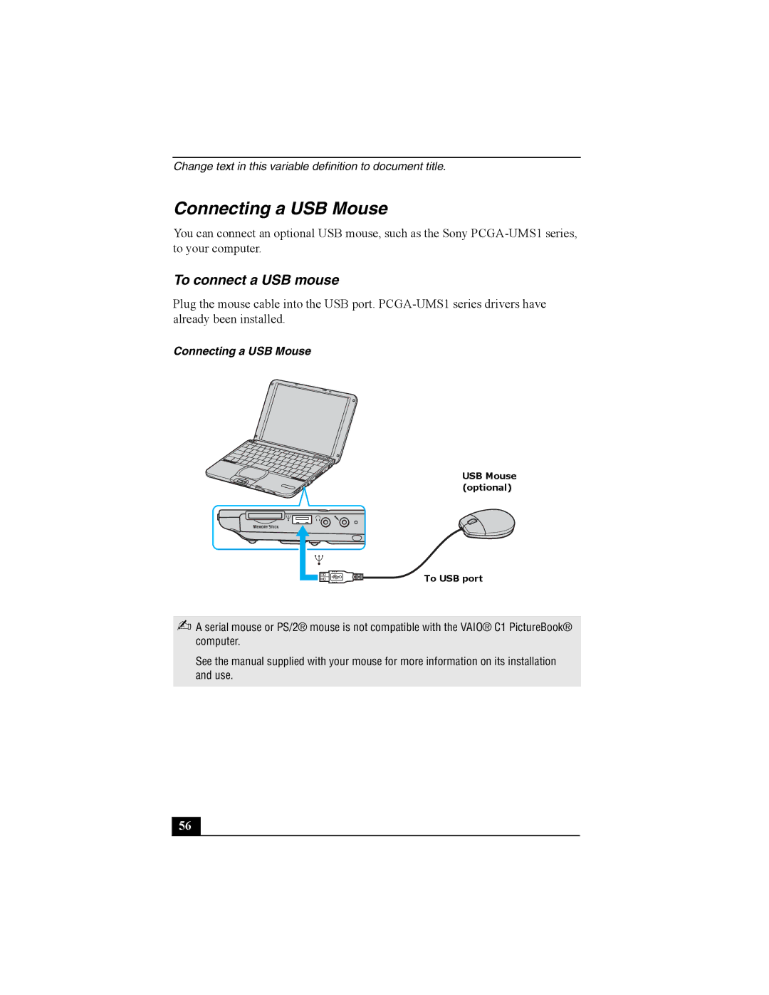 Sony Personal Computer manual Connecting a USB Mouse, To connect a USB mouse 