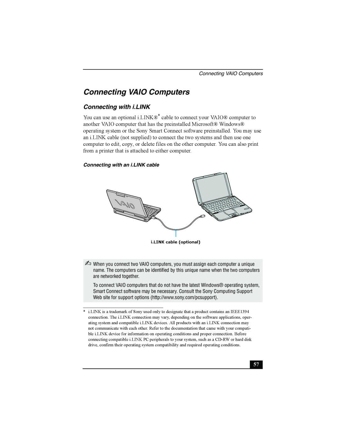 Sony Personal Computer manual Connecting Vaio Computers, Connecting with i.LINK 