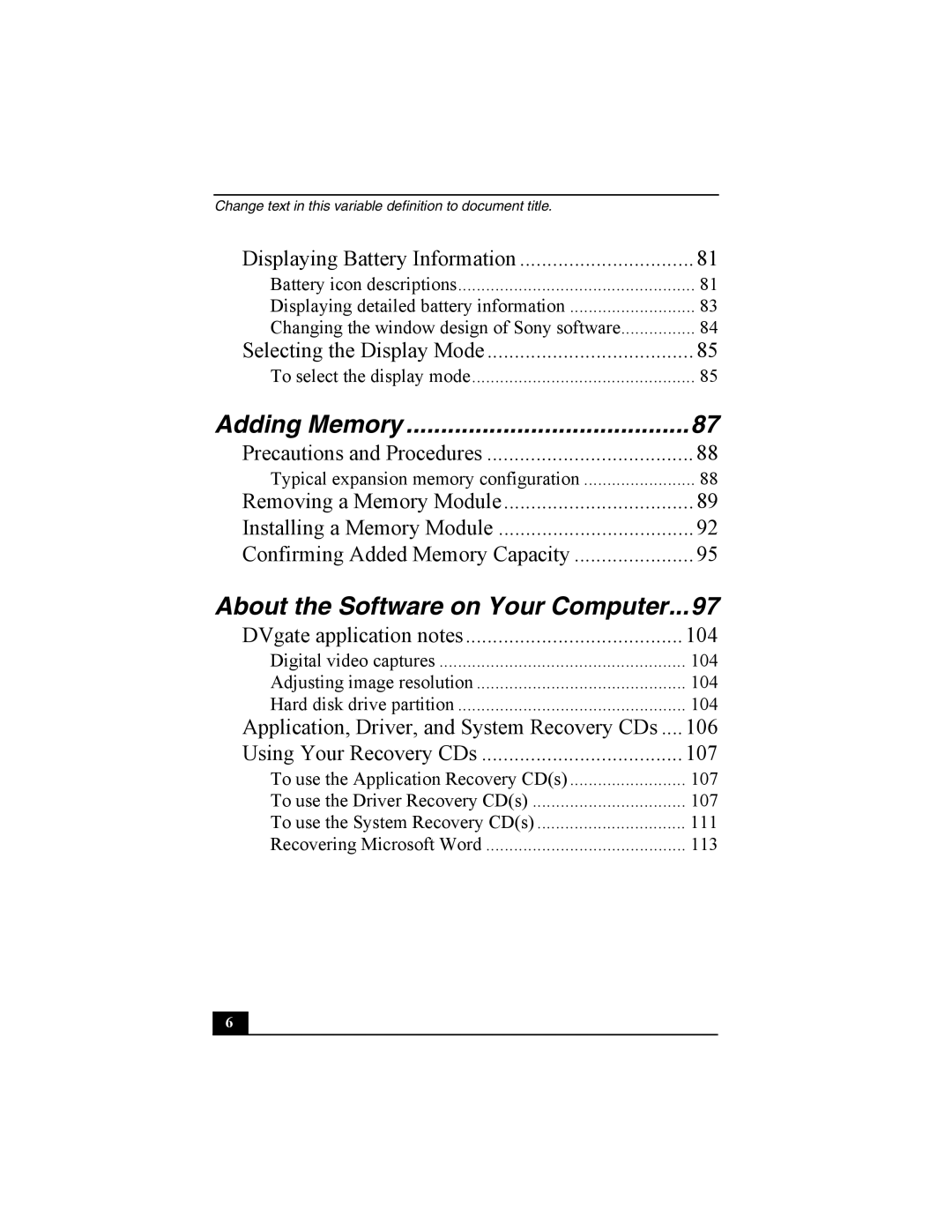 Sony Personal Computer manual Adding Memory, Displaying Battery Information 