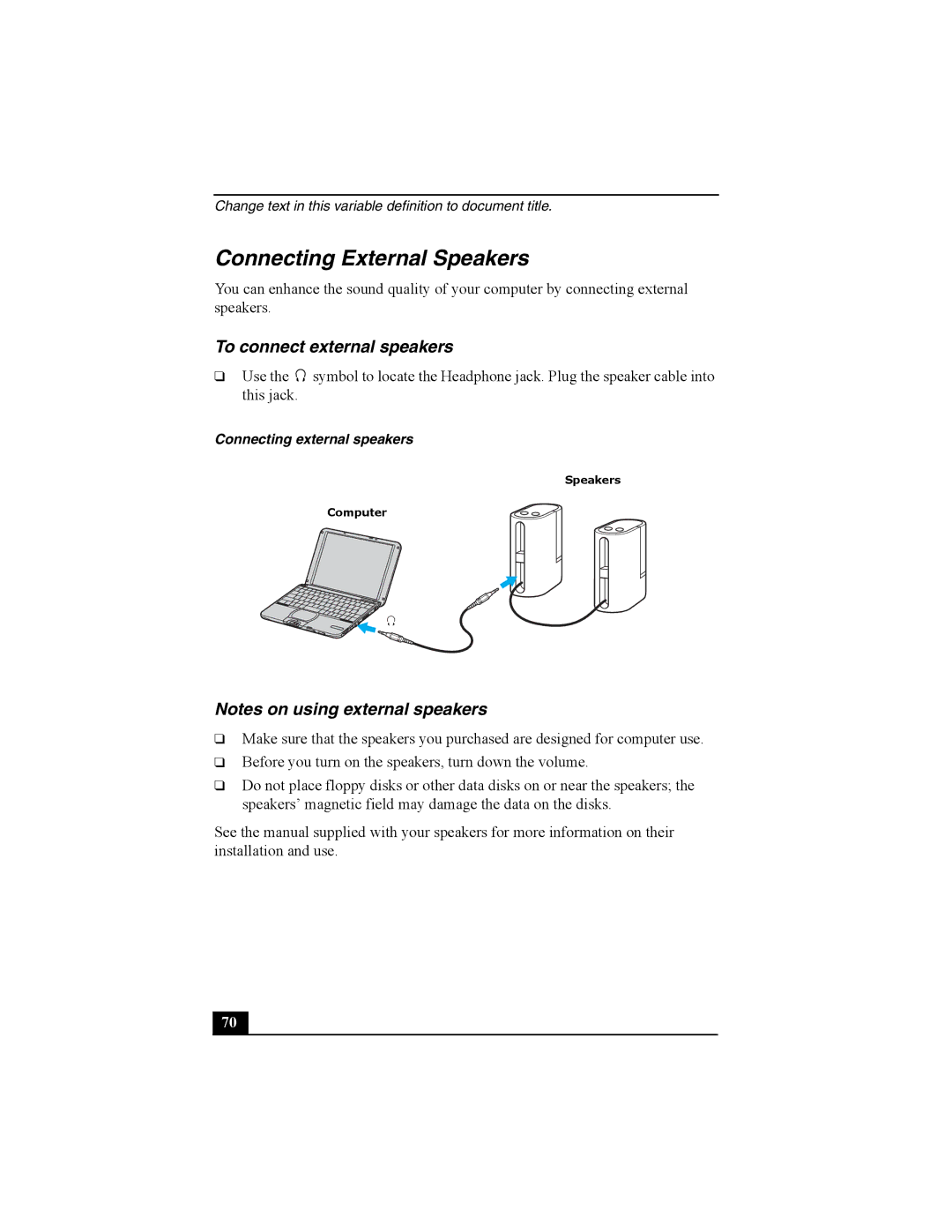 Sony Personal Computer manual Connecting External Speakers, To connect external speakers 