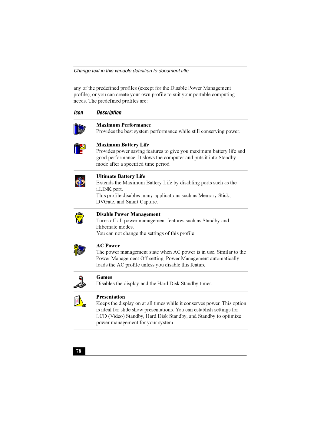 Sony Personal Computer manual Icon Description 