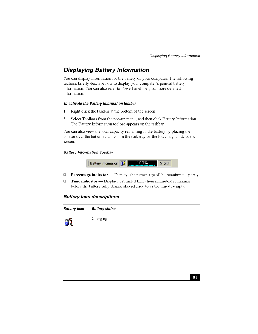 Sony Personal Computer manual Displaying Battery Information, Battery icon descriptions, Battery icon Battery status 