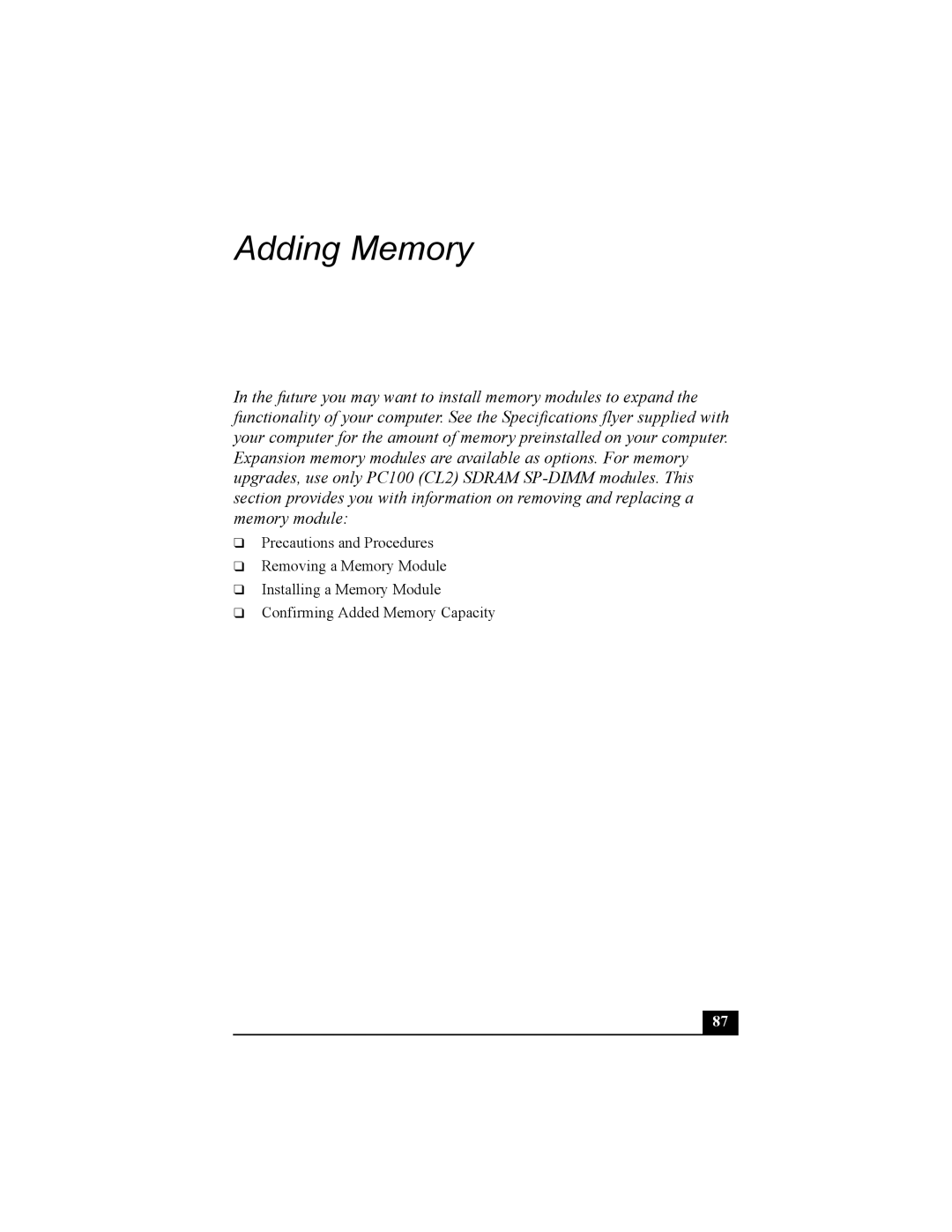 Sony Personal Computer manual Adding Memory 