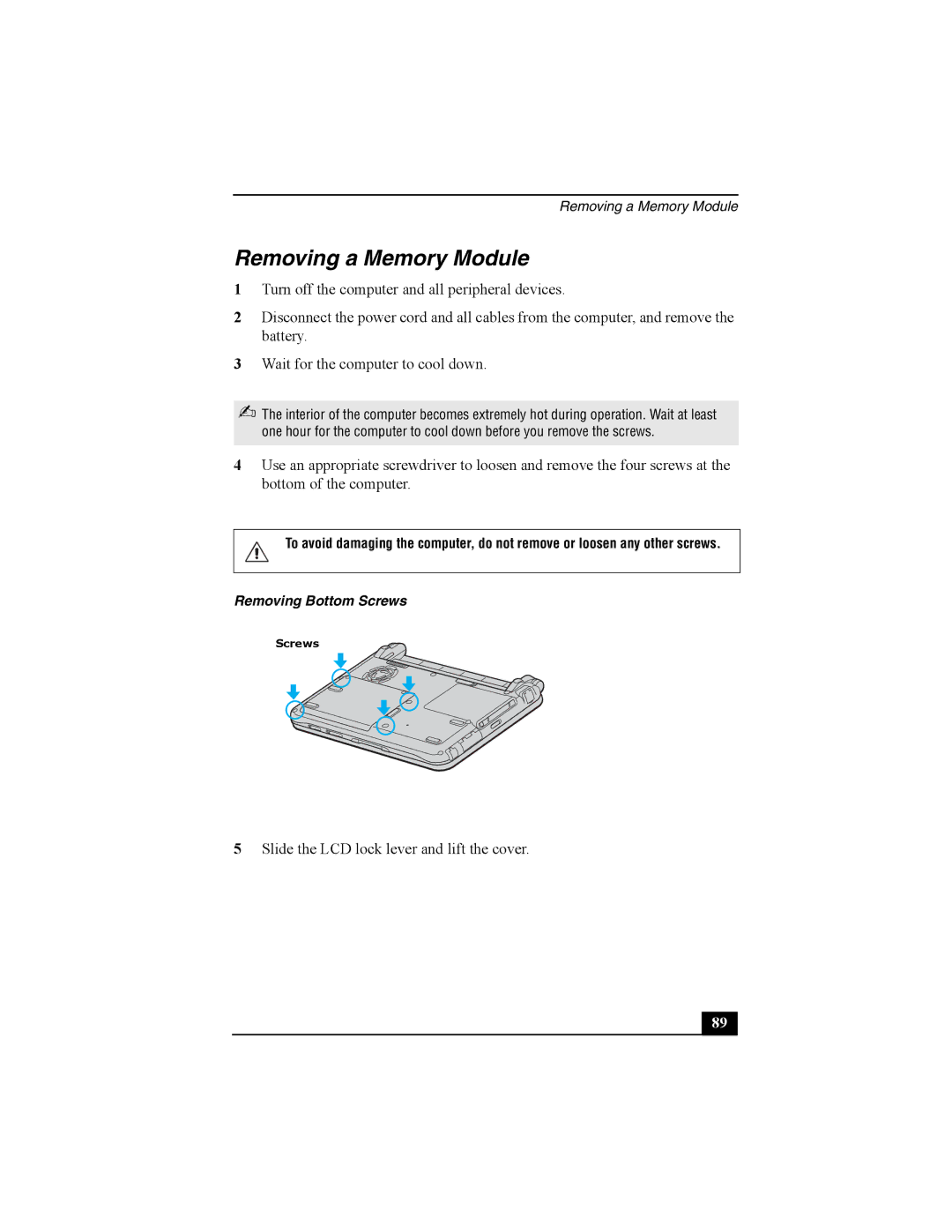 Sony Personal Computer manual Removing a Memory Module 