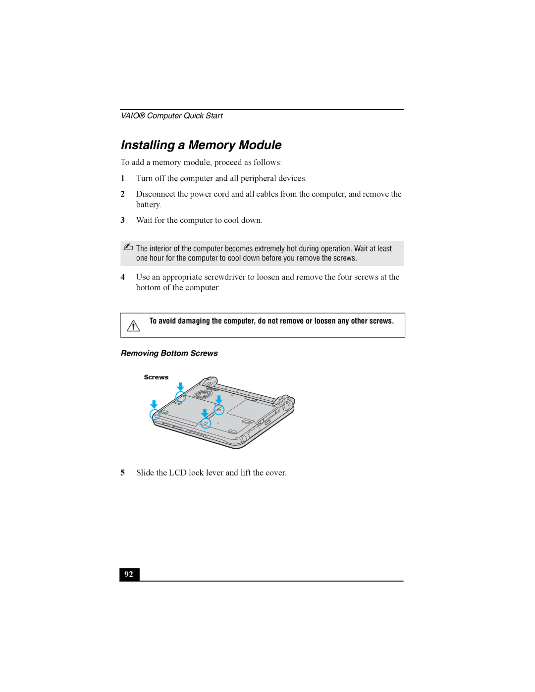 Sony Personal Computer manual Installing a Memory Module 