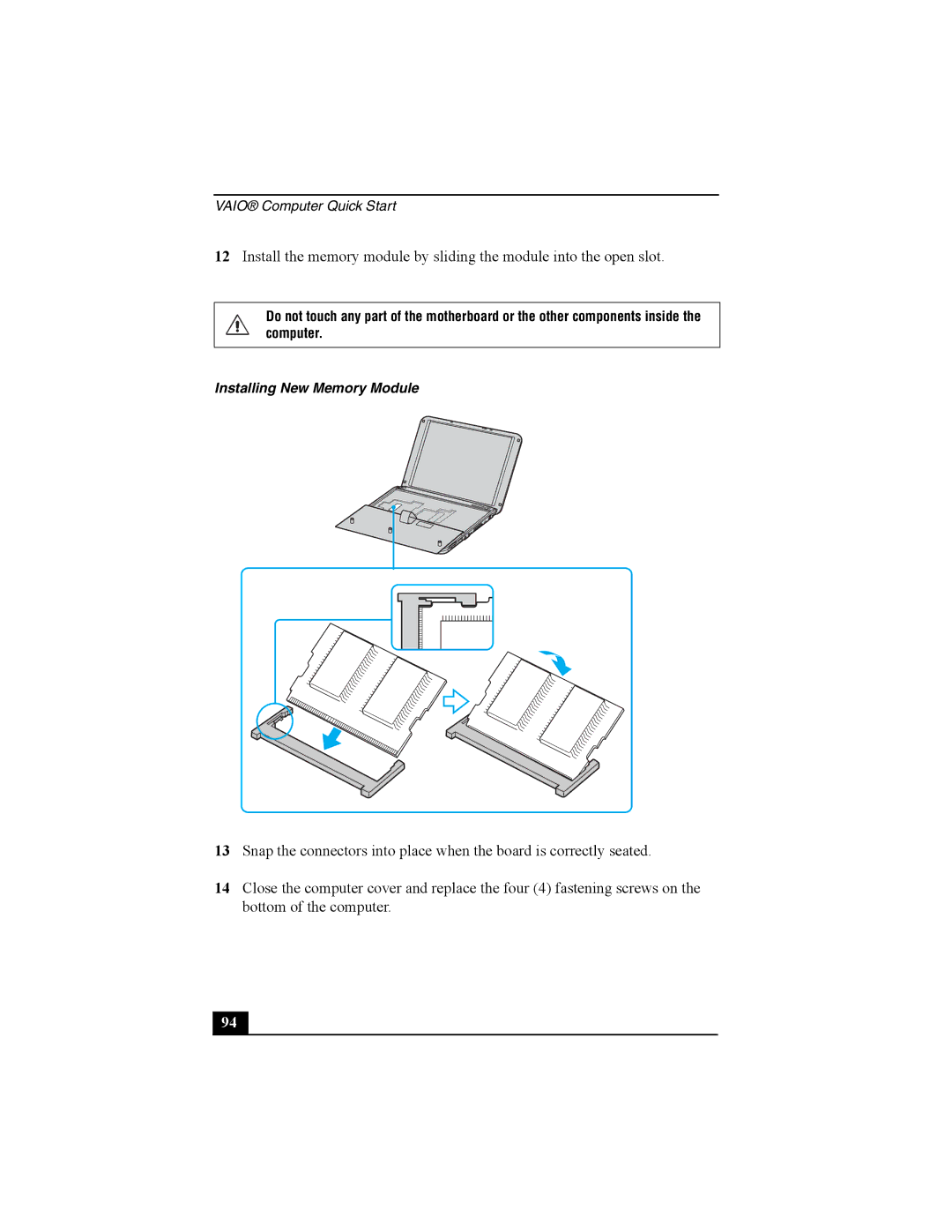 Sony Personal Computer manual Installing New Memory Module 