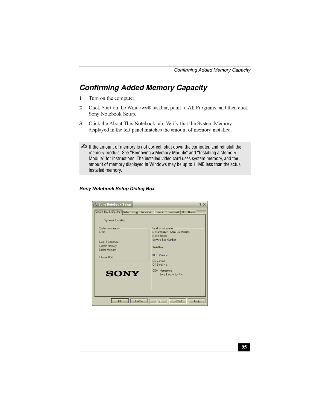 Sony Personal Computer manual Confirming Added Memory Capacity 