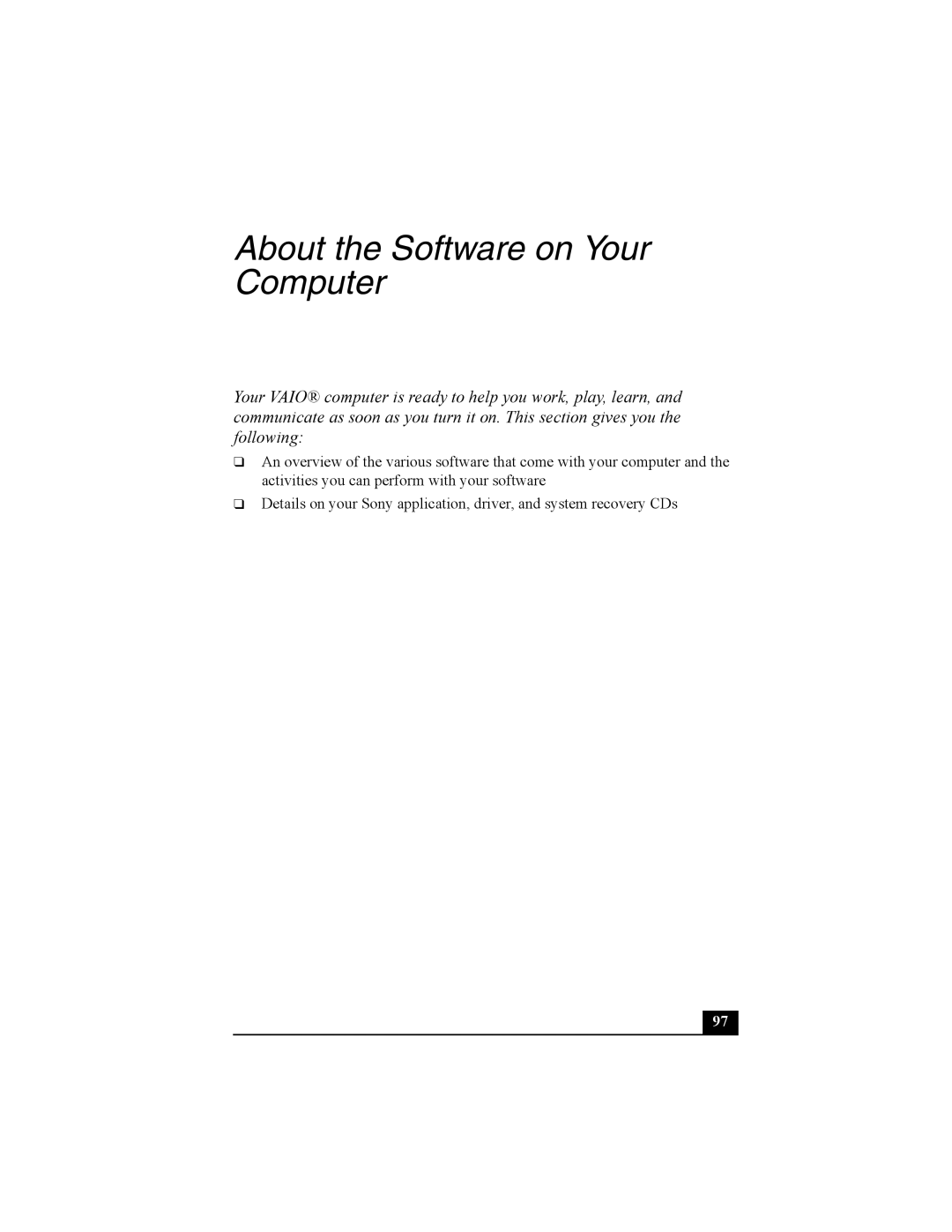 Sony Personal Computer manual About the Software on Your Computer 